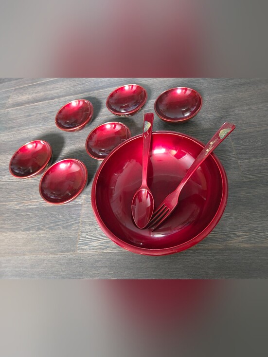 Other - Deep Red Lacquered Japanese Salad Bowl Set